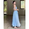 Seaside vacation tube top suspender dress new unique and beautiful blue grid splicing lace dress women's summer