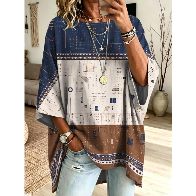 Geometric Patchwork Printed T-shirt, European and American Style Large Size Retro Contrasting Design