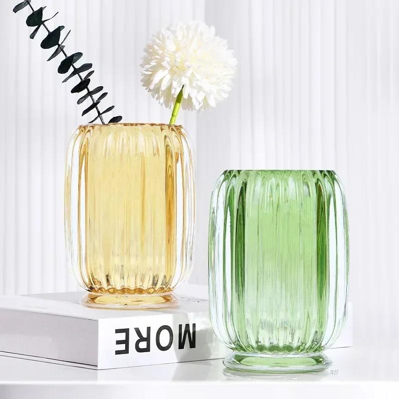Cylinder Bucket Desktop Storage Box Transparent Glass Storage Light Luxury Striped High Beauty Pen Holder Hydroponic Vase