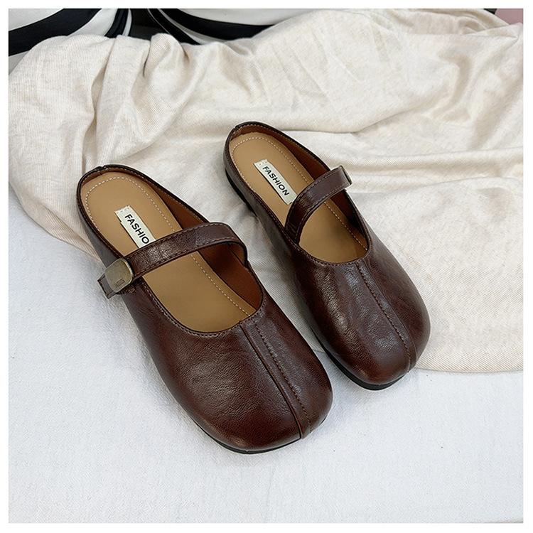 Summer fashion bag head half tray shoes girl 2025 new versatile fairy style square head flat bottom with skirt half slippers