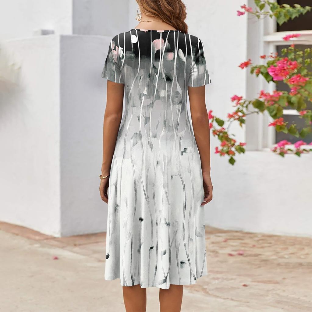 Women's Casual Fashion Round Neck Short Sleeve Print Midi Dress