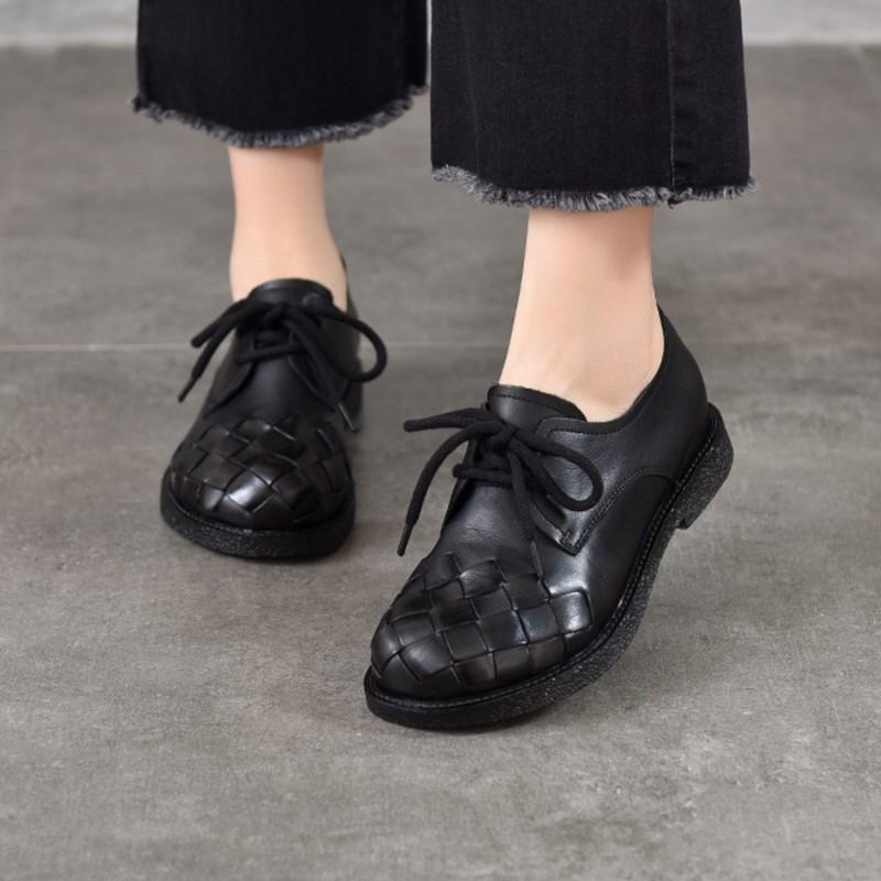 Johnature Vintage Genuine Leather Woven Low Heel Shoes Versatile Round Toe Lace Up Women's Shoes