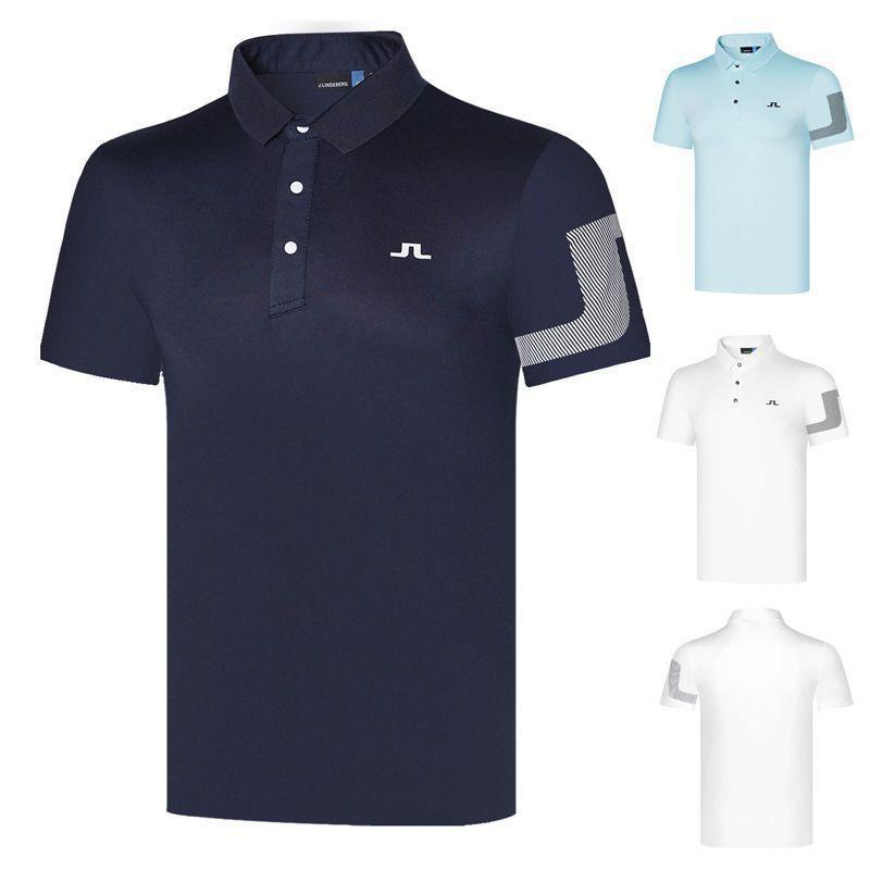 Mens Golf Polo Shirt Short Sleeve Quick Dry Breathable Sport T-Shirt White Blue Stripe