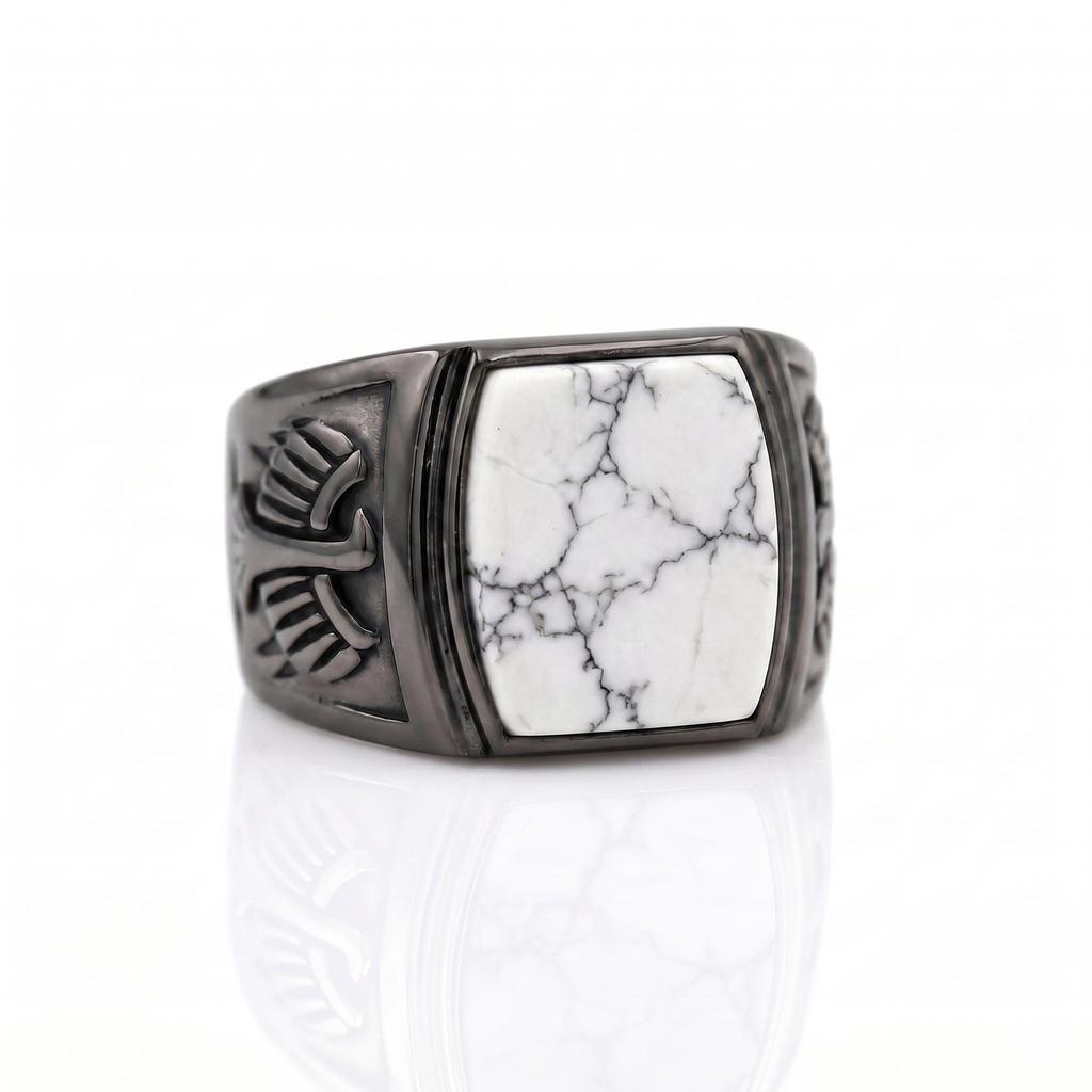 White Howlite Ring, 925 Sterling Silver Ring, Natural Howlite Men's Ring, Vintage Look Signet Ring, Mens Ring, Gift For Him