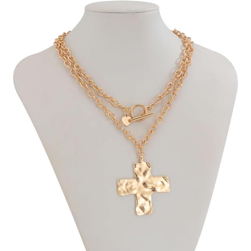 Chunky Gold Cross Necklace for Women Handmade Bold Trendy Stacks Toggle Big Cross Statement Necklaces Faith Jewelry Gift for Daily Wear