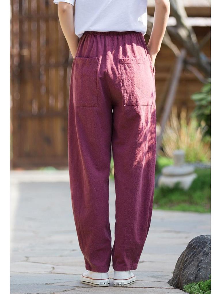 2025 Spring & Summer Loose Fit Ramie-Cotton Women's Yoga Pants - Sand-Washed Casual Bloomers