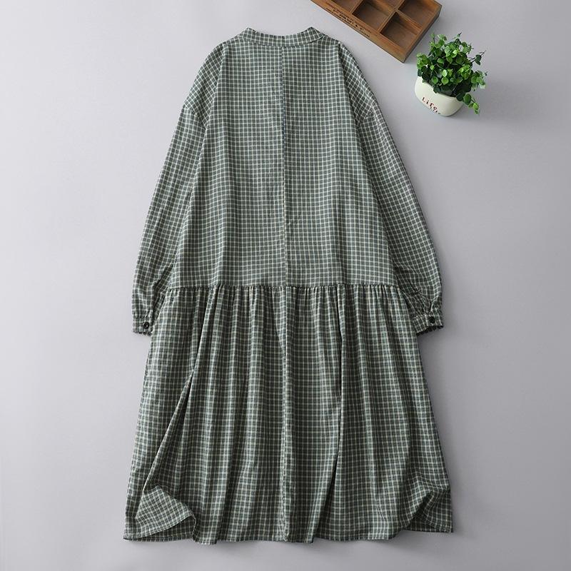 2025 spring new plaid dress retro casual loose and thin stand-up collar long-sleeved medium and long dress