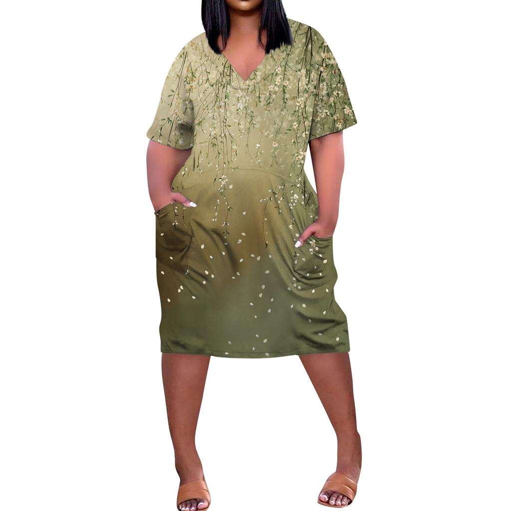 Summer Plus Size V Neck Short Sleeve Knee Pocket  Print Casual Dress For Women