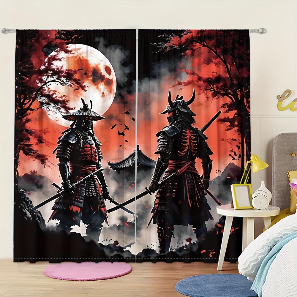 2pc Black Samurai Moon Curtains – Red & Black Anime Style   Rod Pocket   Light-Filtering for Living Room   Bedroom & Kitchen