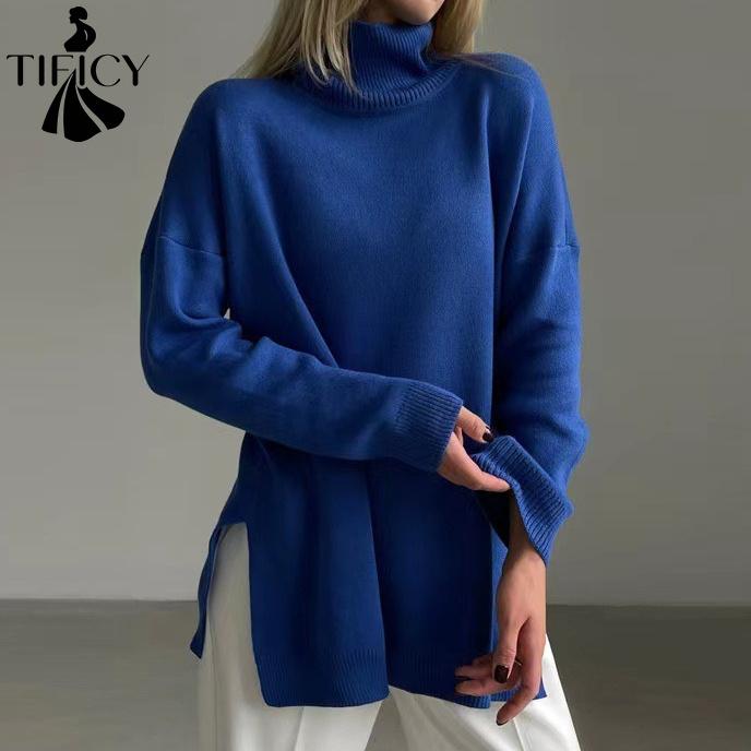 TIFICY Women's Fashion Casual Fall Winter Solid Color Print Long Sleeve High Neck Sweaters