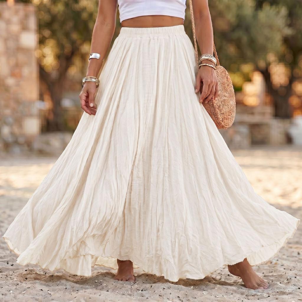 Women Long Loose Pleated Skirt Elastic Waist Cotton Linen Blend Maxi Skirt Flared Hem Casual Boho Style Skirt for Daily Wear