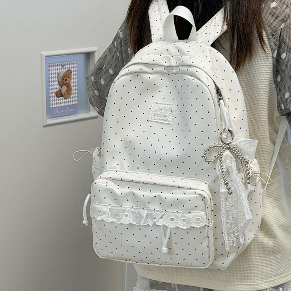 Sweet Lace Trim Rucksack Large Capacity Student School Bag Y2k Polka Dot Backpack  Outdoor Use