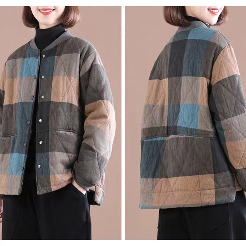 

Женская зимняя куртка больших размеров с утолщением и подкладкой в клетку без капюшона, свободная, на пуговицах, длинная, повседневная, для активного отдыха L