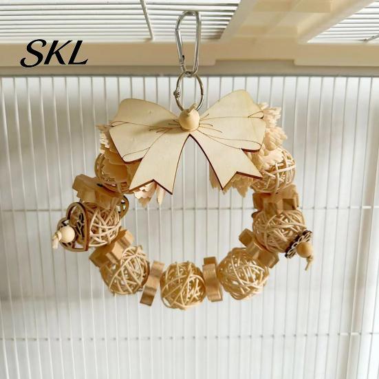 Handmade Bird Toy Wooden Bow Ring Parrot Toy, Chewing with Rattan Ball, Beak Grinder Hanging for African Grey Cockatoos Macaws, Cage Accessories