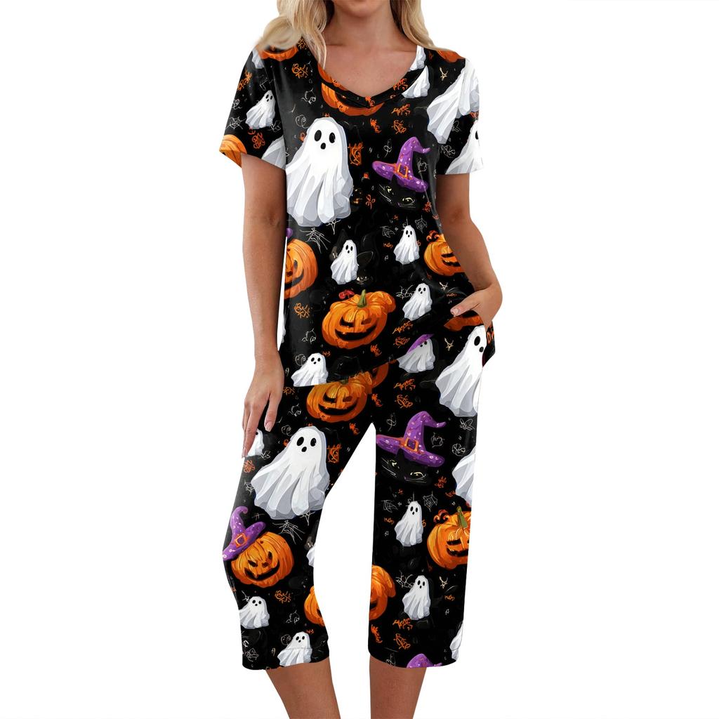 Damen Halloween Zweiteiliges Outfit Set - Lässiges Kurzarm-Oberteil und Bedruckte Hose, Bequeme Sportbekleidung für Feiertagspartys