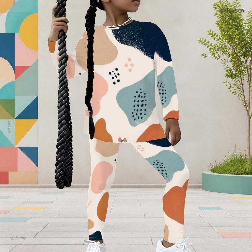 Girls Abstract Printed Round Neck Long Sleeve Top And Fitted Pants Two Piece Set