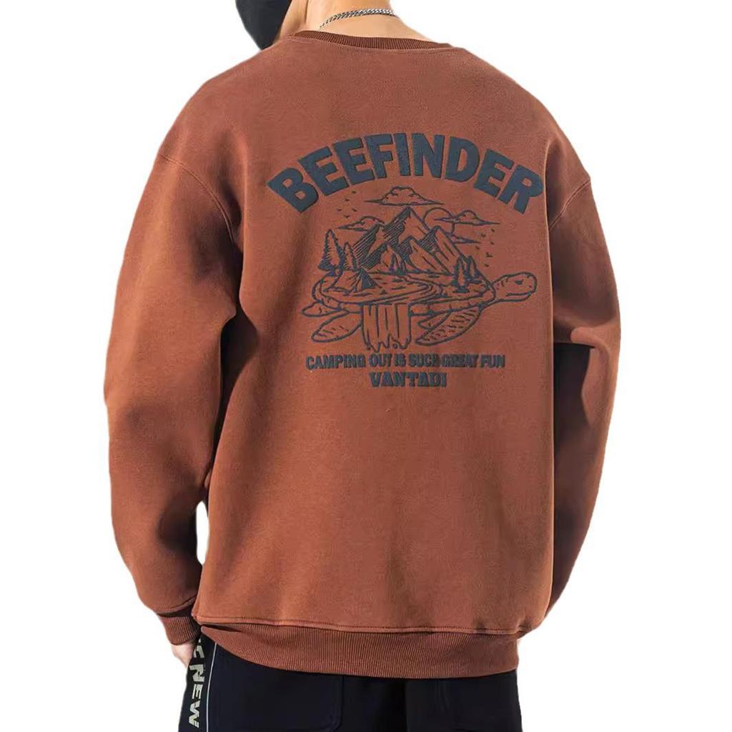 Men's Trendy Brand Heavyweight Round Neck Sweatshirt - Autumn Loose Casual Print with Velvet Long Sleeves