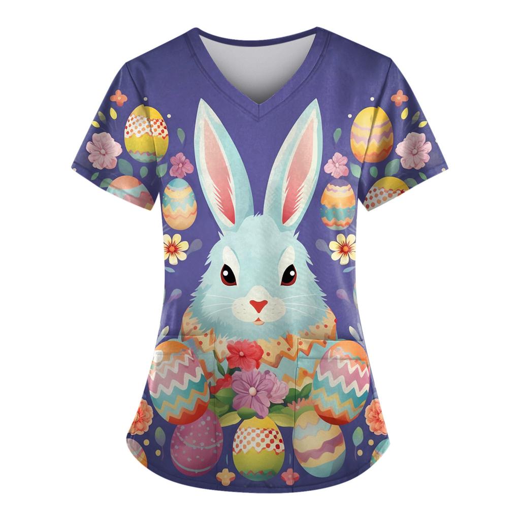 Magliette uniformi da lavoro stampate taglie forti per magliette divertenti a maniche corte con scollo a V da donna T-shirt da lavoro con tasche