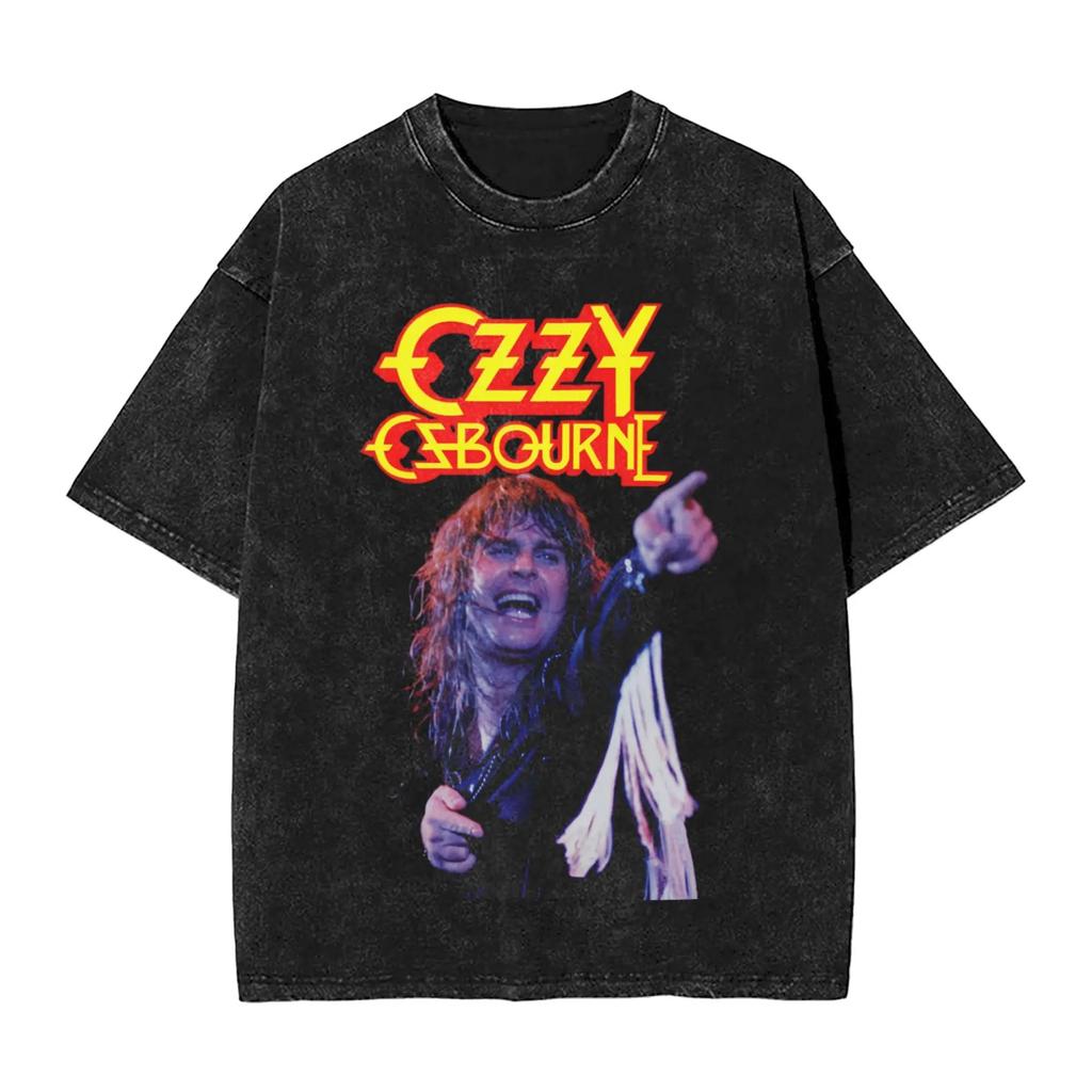 Oversized Acid-Wash Vintage Short-Sleeve T-Shirt Featuring Ozzy Osbourne Live Stage Retro Rock Graphic Print