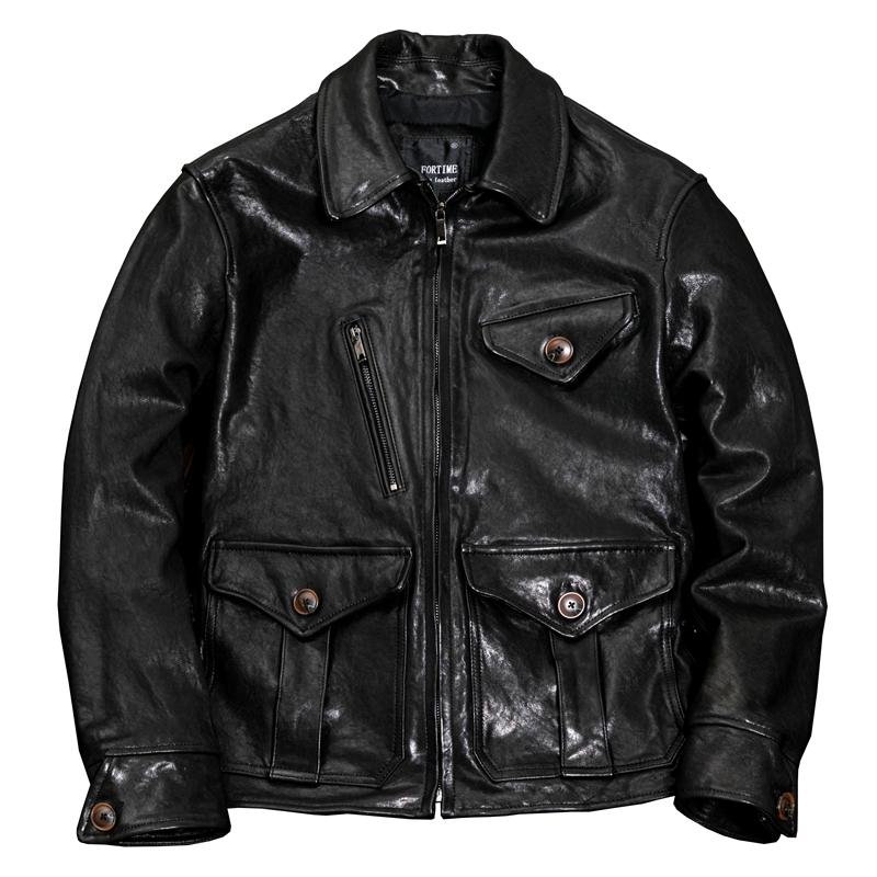 Genuine Sheepskin Leather Jacket Men Slim Fit Vintage Biker Coat Retro Collar