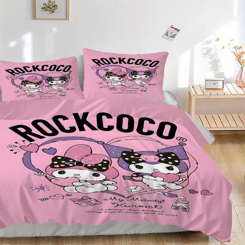 

3pcs Rockcoco My Melody & Kuromi Quilt Cover Set (1 Quilt Cover + 2 Pillowcases Without Pillow Core), High-Definition Printing for Home and Dormi 135x200cm