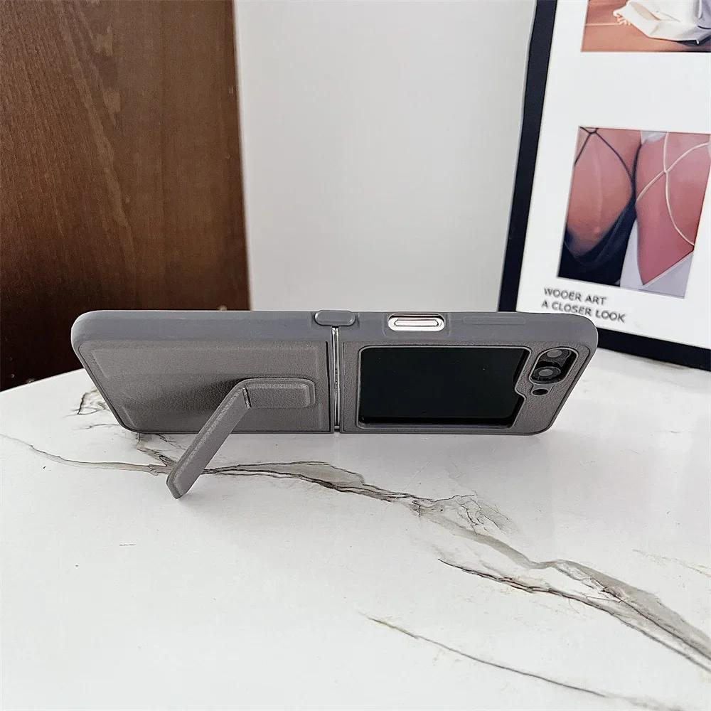 PU Leather Cover with Invisible Bracket For Samsung Galaxy Z Flip 6 5 4 3 Flip6 Flip5 Flip4 Flip3 5G Hard Plastic Phone Case