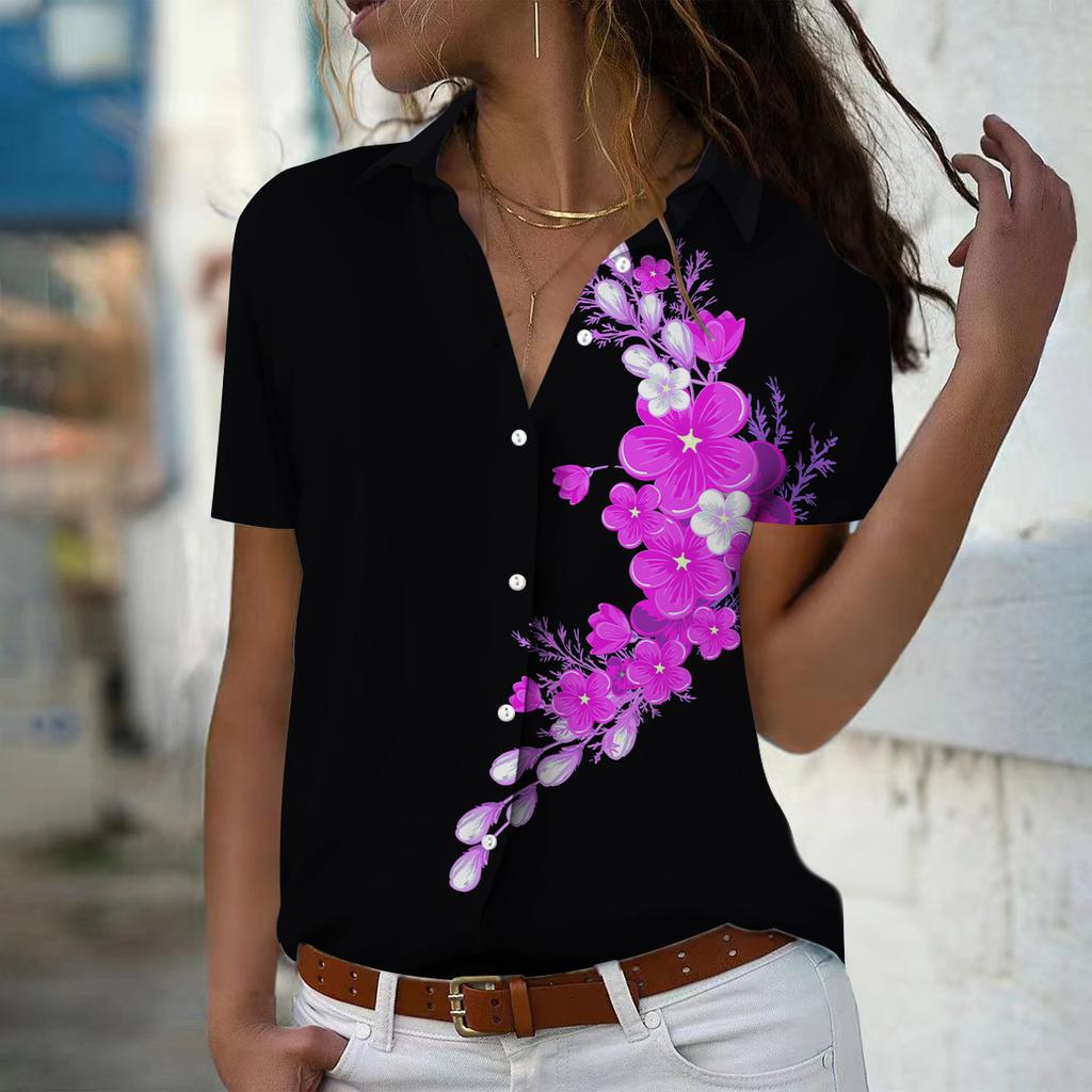 2025 Summer New Fashion Women's Flower Printed Short Sleeve V-neck Casual Button-down Shirt Top