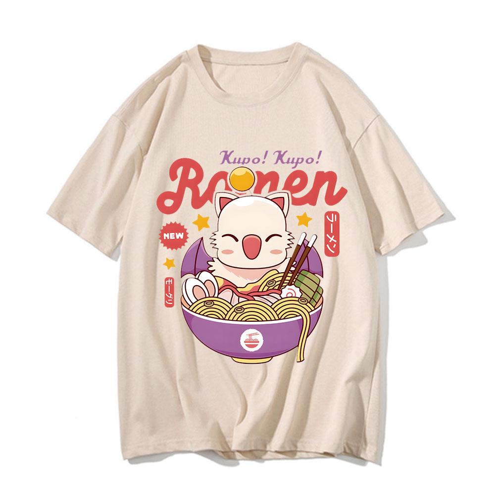 Moogle Kupo Ramen T-shirt Cute Cat Popular Shirt Men Short-Sleeve Streetwear Tshirt Summer Pure Cotton O-Neck Oversized Tops