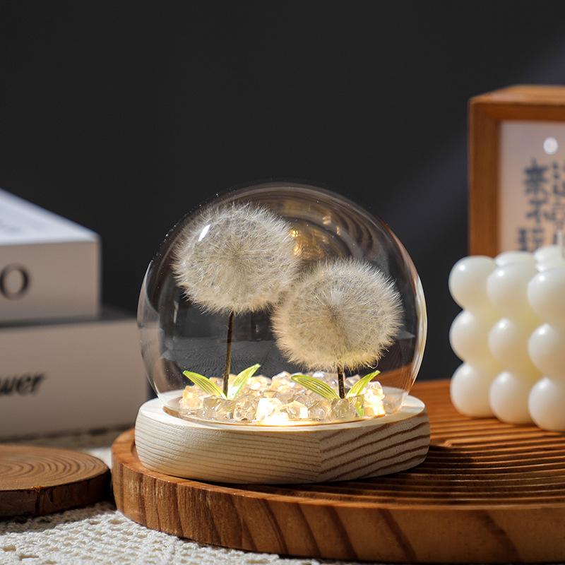 Luminous Dandelion Preserved Flower Bouquet Night Light in Glass Dome - Birthday Gift for Girls or Girlfriend
