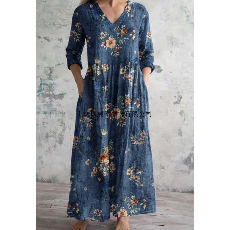 Zhan Xin 2026 European and American printing European and American summer urban casual loose dress women s bamboo hemp S