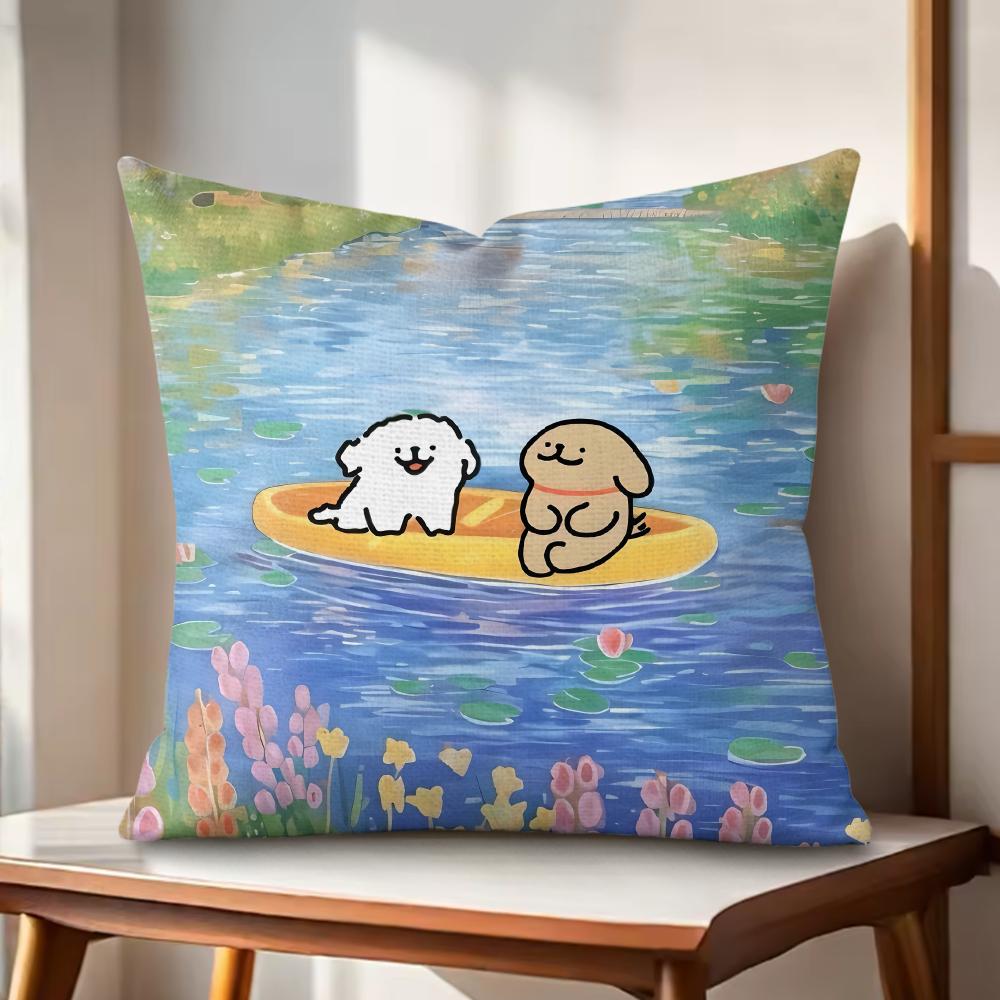 Cartoon Mmaltese Dog Lline Dog Cushion Cover Organic Linen Square Pillow Case Durable Nonallergenic And Kind To Skin