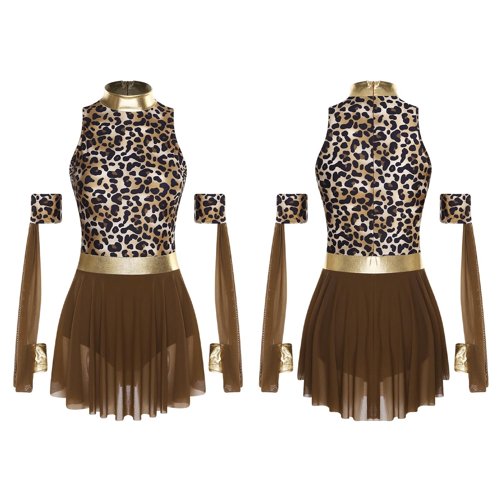 

S-3XL Women Cavewomen Primitive Native Cosplay Leotard Dress Detachable Sleeves Leopard Print Irregular Mesh Hem Color Block for Raves Party S коричневый