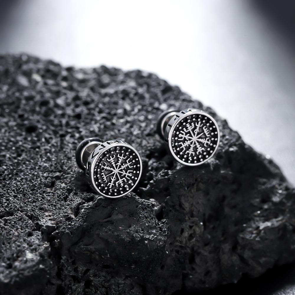 Punk Personality Stainless Steel Engraved Skull Nordic Compass Rune Pattern Stud Earrings for Men Women Does Not Fade Jewelry