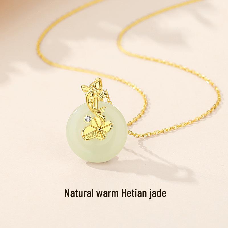 Teqiya S925 Sterling Silver Koi Jade Pendant Necklace for Women – Elegant Light Luxury Clavicle Chain 925 Silver