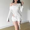 Cross-Border European and American Style 2024 Autumn New Women's Fashion Unique Design Solid Color Asymmetrical Off-Shoulder Lace Trim Long-Sleeve Top