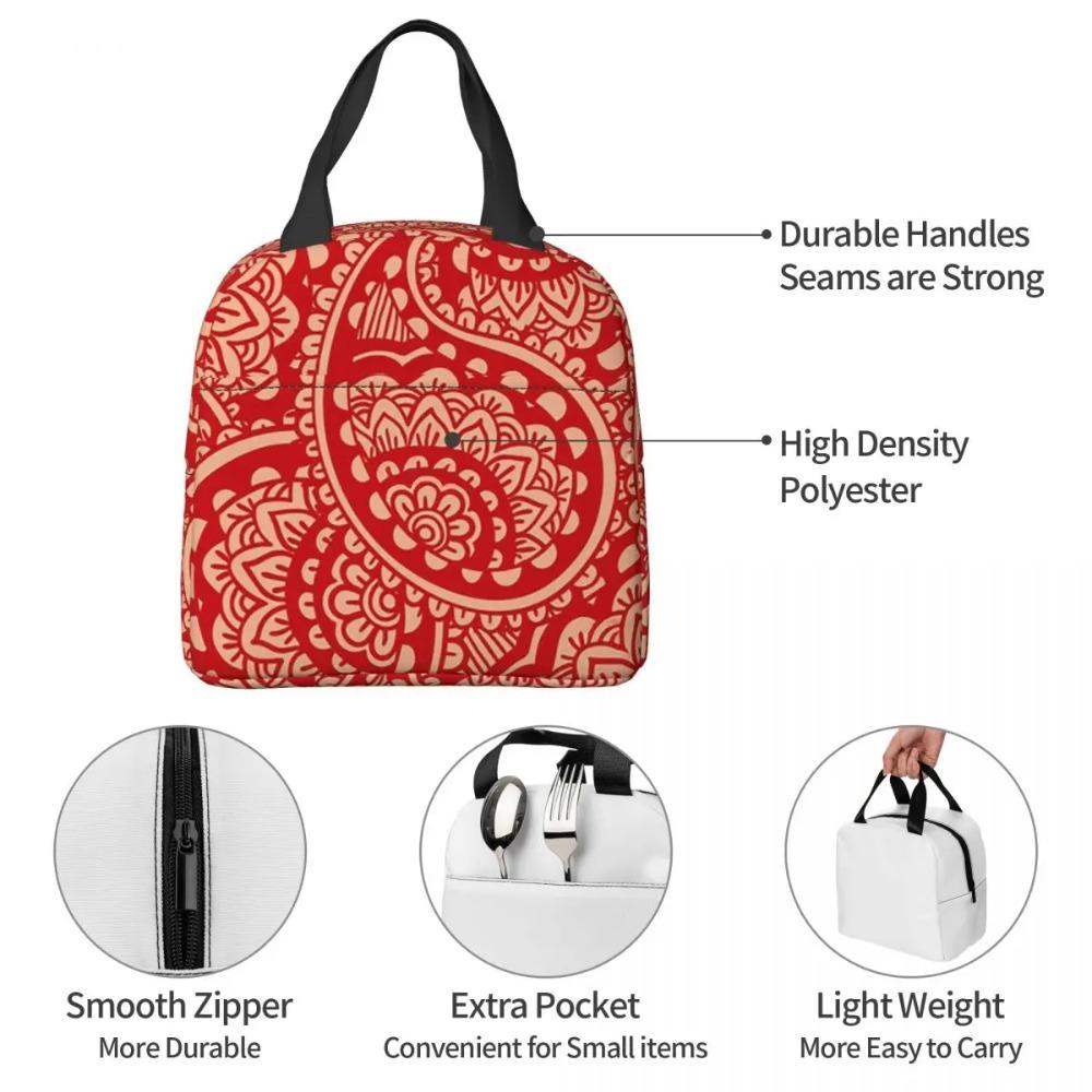 Red Paisley Floral Mandala Insulated Lunch Bag for Women Children Portable Food Boxes Thermal Lunch Box Tote