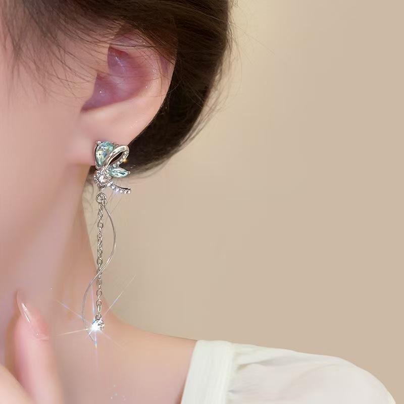 Korean Dragonfly Tassel Earrings Sweet Shiny  Long Tassel Ear Clips Wedding Jewelry
