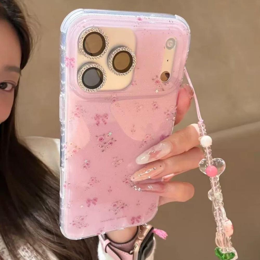 Korean Style Premium Glitter Floral Case for iPhone 17 Pro Max iPhone 16 Pro Max Full Screen Sparkle Design