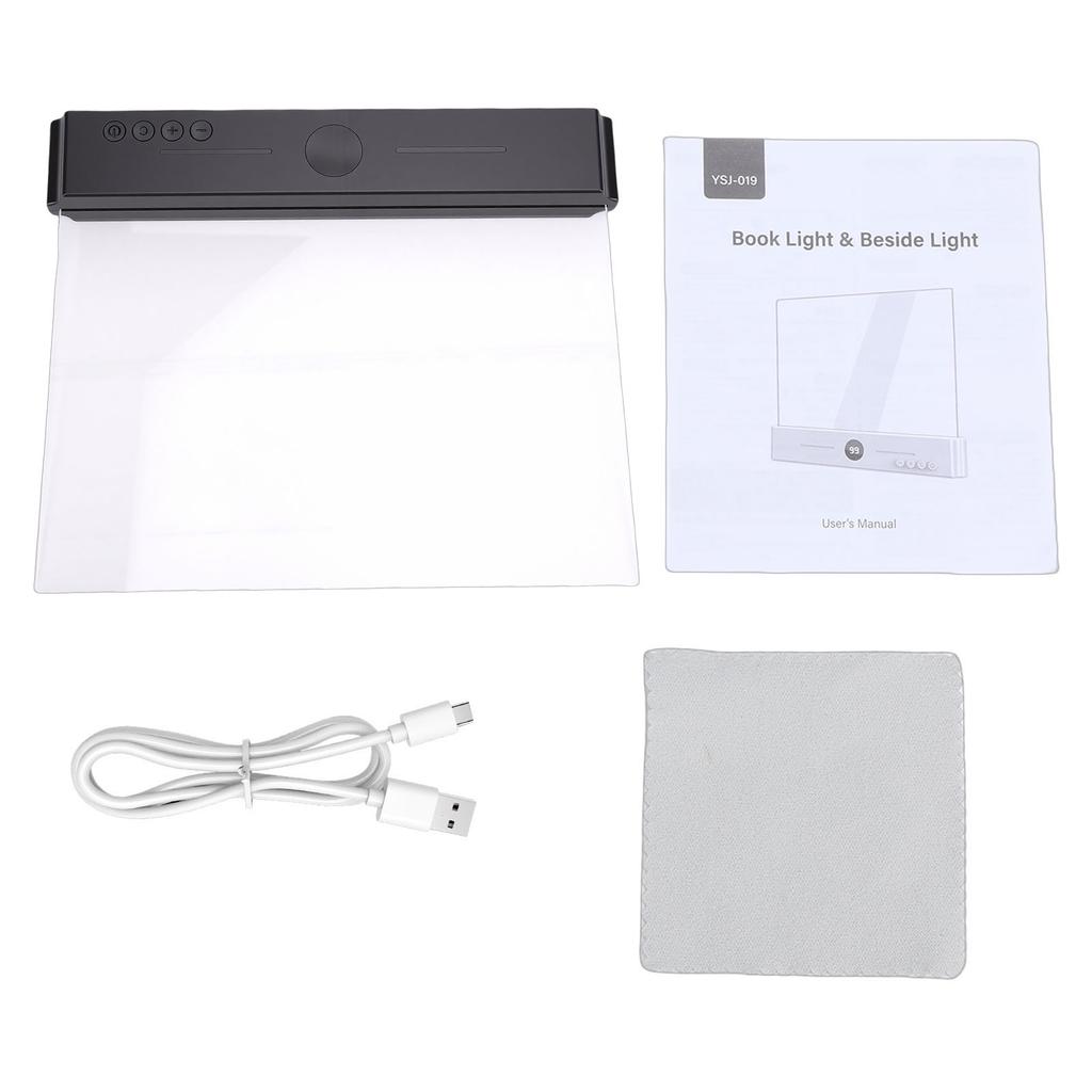LED Book Light Transparent Panel Flat Reading Lamp with 3 Colors Dimmable and Timer Full Page Illumination Black Base