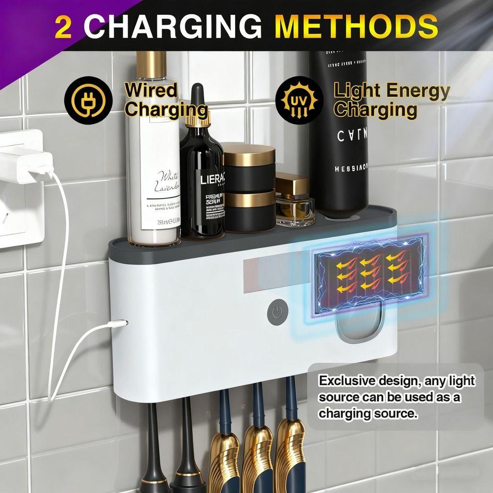 No Drilling Electric Toothpaste Dispenser Solar Charging Smart Toothbrush Organizer