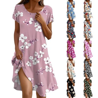 Short Sleeve Boho Dress For Women Casual Loose Fit Summer Sundress Floral Print Dress With Pockets