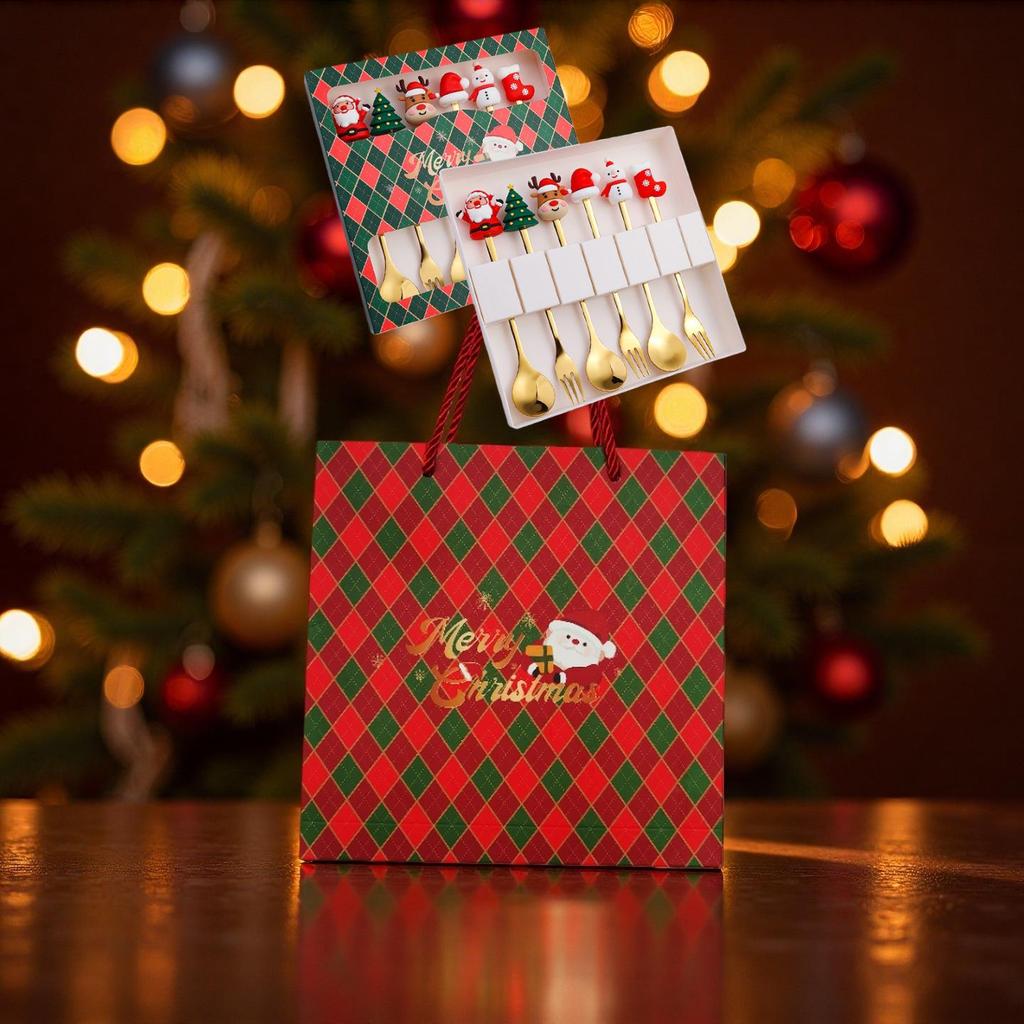 Christmas Cartoon Cutlery Set: Forks, Spoons, and Gift Box Featuring Cute Reindeer and Tree Designs.