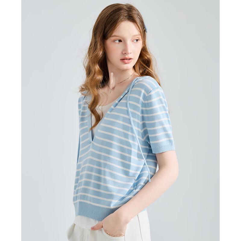 Women's Striped Hooded Short-Sleeve Knit Top