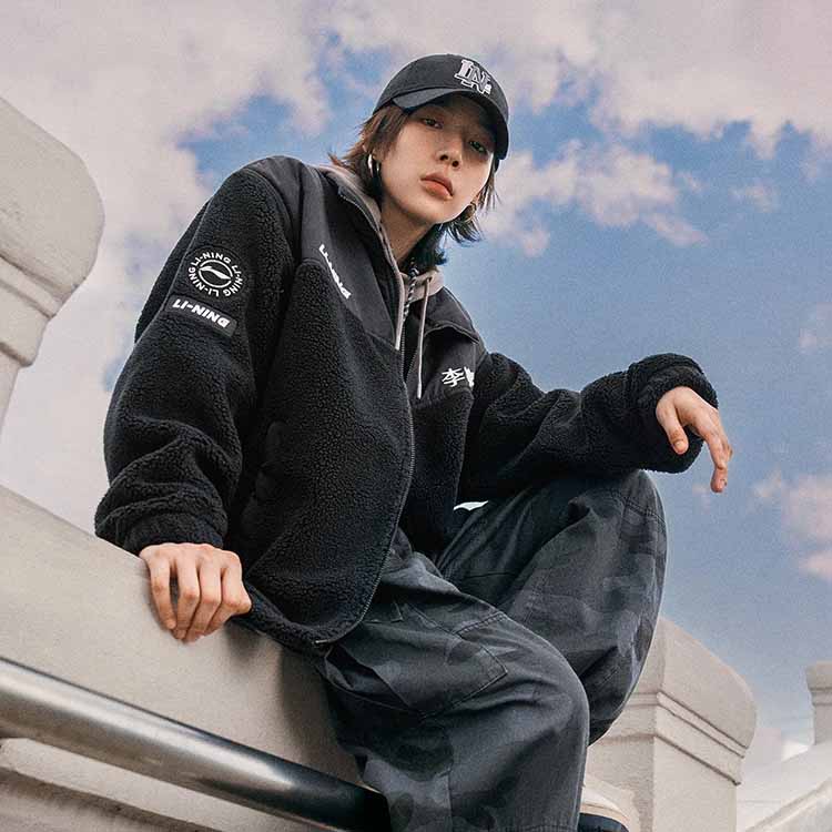 Li-Ning Color Block Loose Fleece Warm Casual Versatile Winter Knit Jacket Unisex Jackets Black AFDT841-5