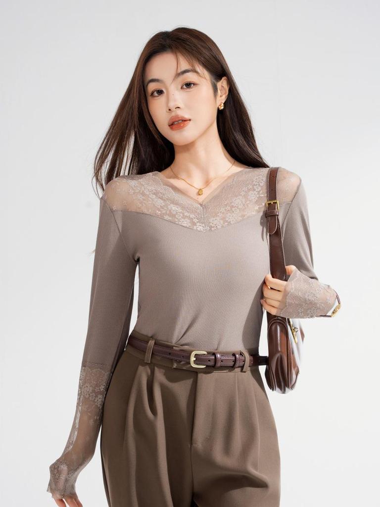 966 Sexy Lace Long Sleeve Mesh Top - Soft, Comfortable, and Skin-Friendly Women's Base Layer for Autumn/Winter.