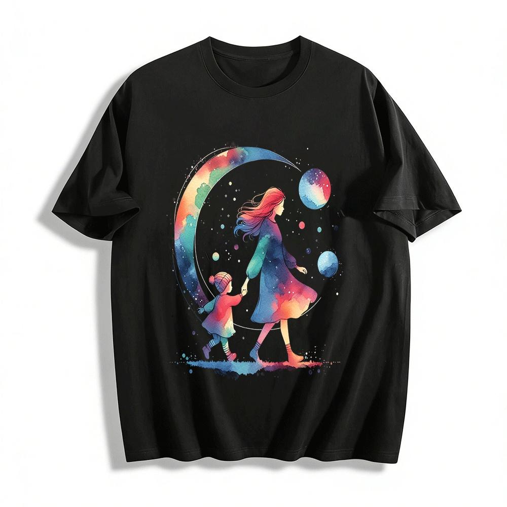 

Watercolor Moon Star Mom And Kid Walking Print Family Outfits Pure cotton T-shirt XXS