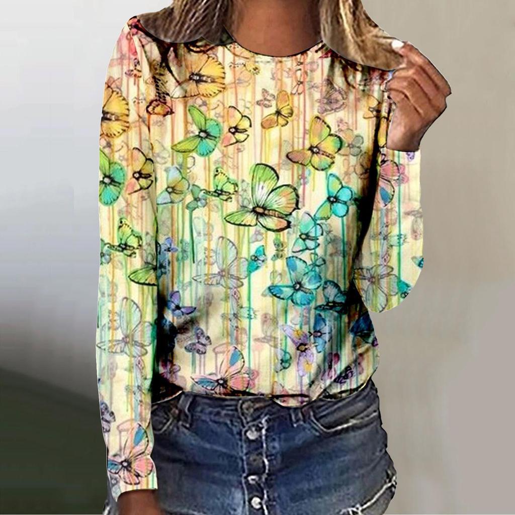 Spring and Autumn Round Neck 3D Flower Pattern Printed Top Fashionable Casual Long Sleeved Women's T-shirts