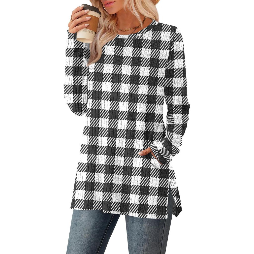 Women's Checkered Printed Round-neck Long-sleeved Top With Pockets And Side Slits
