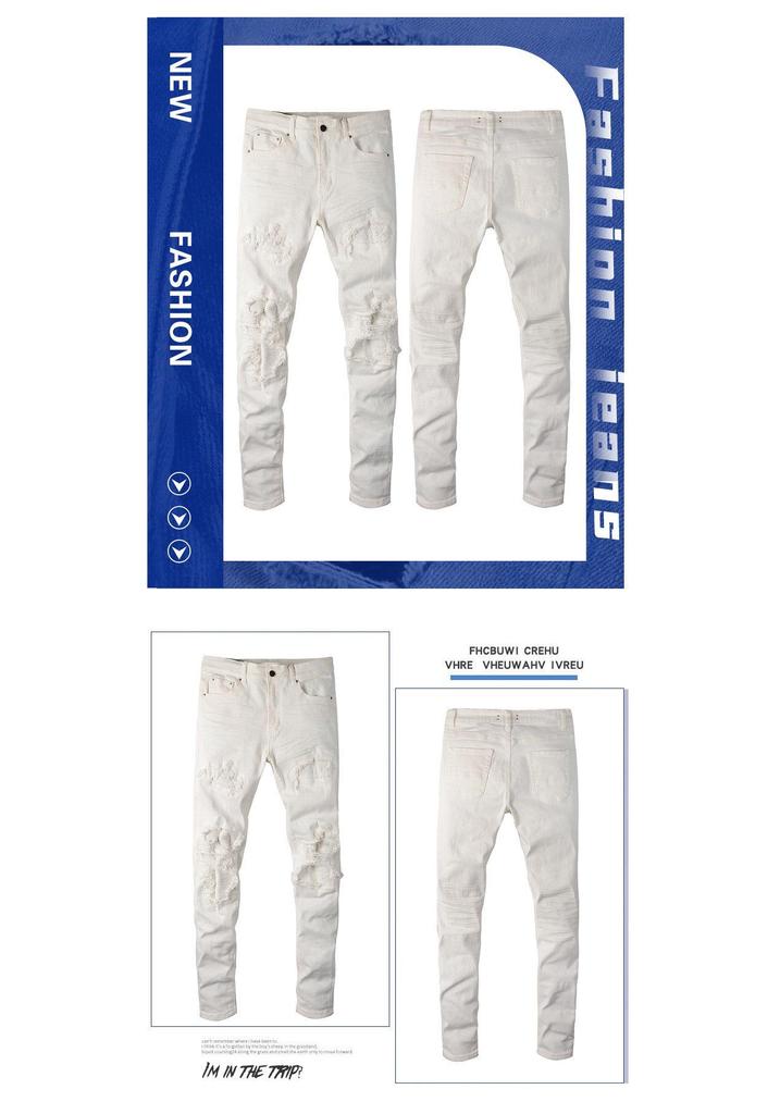 Trendige weiße Ripped Slim Fit Jeans für Herren mit Aufnähern