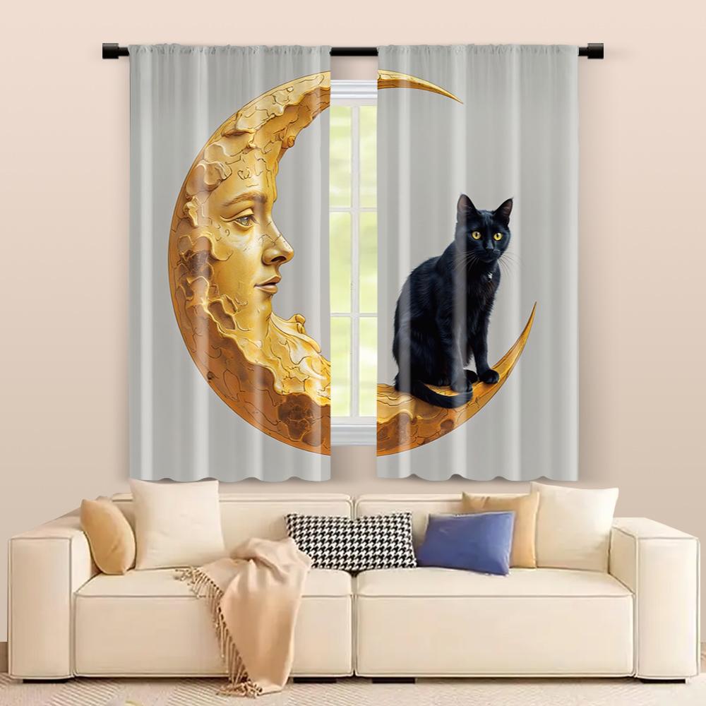 2 Pcs   Filtering Curtains (excluding Rods   Non-movable   Without Batteries) Black Cat On Moon for Use In Bedrooms and Living